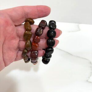 Set of 3 Stretch Nugget Bead Bracelets Red Jasper Black Onyx Tiger's Eye Design